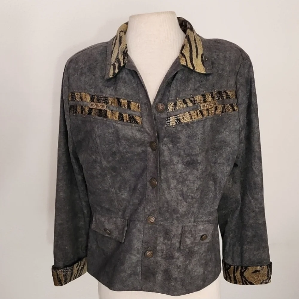 Nancy Bolen Jacket Faux Suede with Animal Print Accents Green Plus Size 14